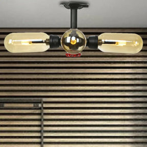 Rustic Amber Glass Ceiling Light With Semi - Flush Design - 4/5/6 Bulbs Matte Black Finish And Pipe