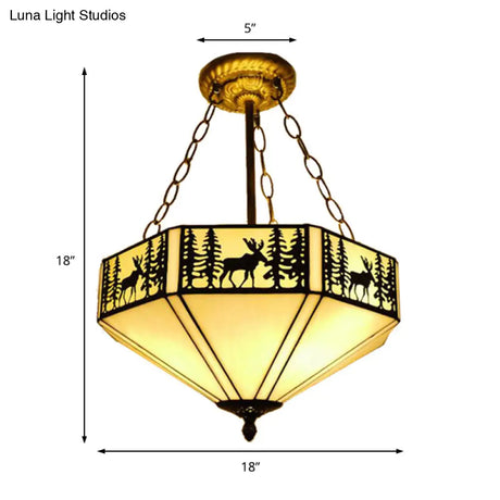 Rustic American Forest Deer Glass Ceiling Lamp - 11’/18’/22’ Wide Semi Flush Mount Light In Beige