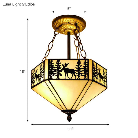 Rustic American Forest Deer Glass Ceiling Lamp - 11’/18’/22’ Wide Semi Flush Mount Light In Beige