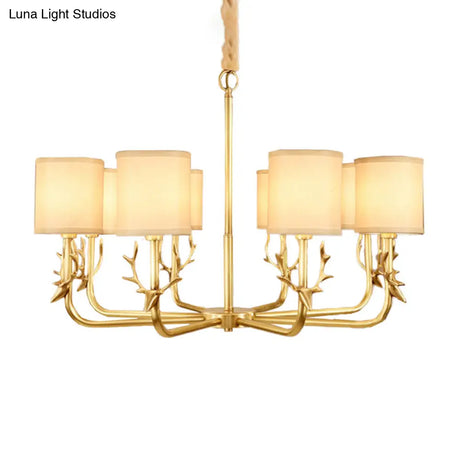 Rustic Antler Ceiling Light With Cylindrical Fabric Shade - Gold Finish 3/6/8 Bulbs