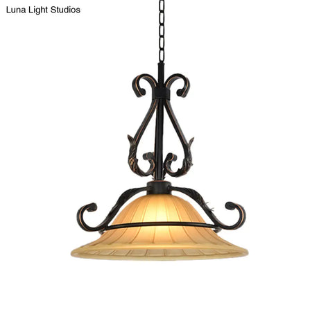 Rustic Bell Pendulum Led Suspension Light With Ribbed Glass In Bronze - Ideal For Bedroom Décor