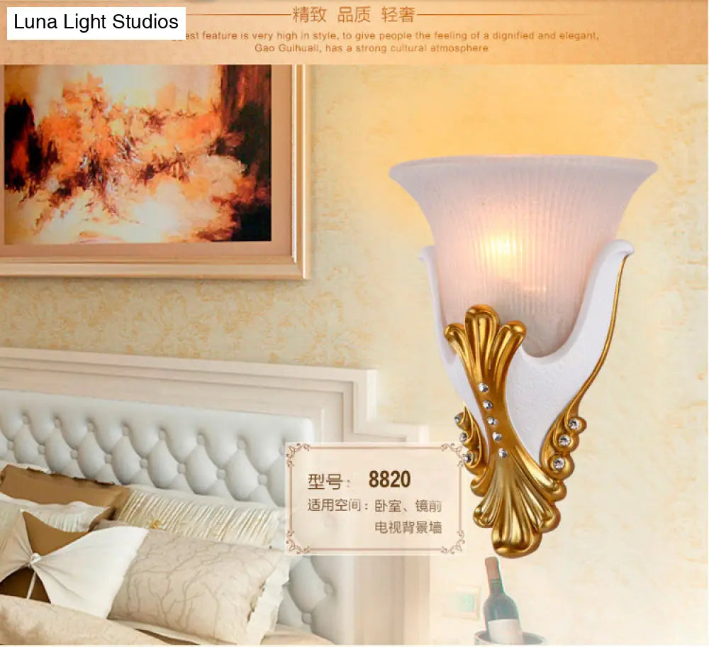 Rustic Bell Shaped Wall Sconce Lighting With Fluted Glass For Bedroom
