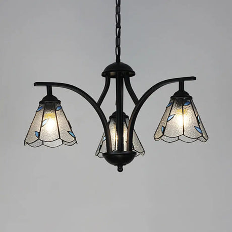 Rustic Black Chandelier Lighting With Blue/Green Leaf Design - 3 Lights 16’’ Metal Chain Hang