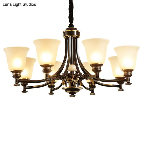 Rustic Black Frosted Glass Chandelier - Flared Suspension Light For Living Room