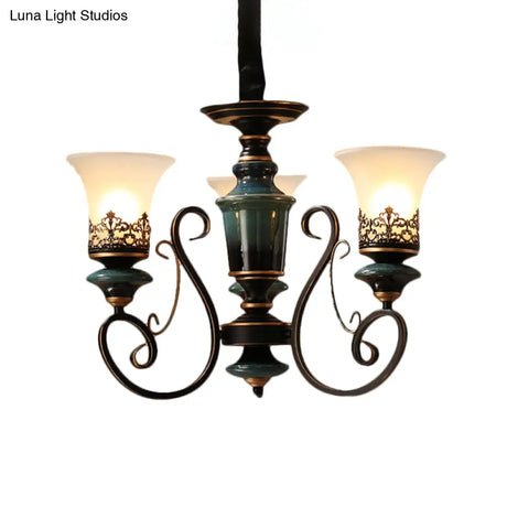 Rustic Black-Gold Chandelier With Bell Shade And Opal Glass Perfect For Guest Rooms (3/5/6-Bulb)