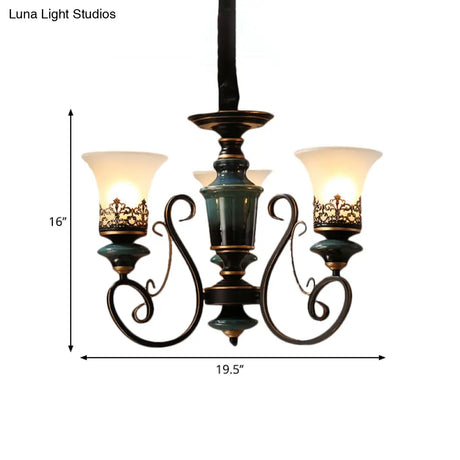 Rustic Black-Gold Chandelier With Bell Shade And Opal Glass Perfect For Guest Rooms (3/5/6-Bulb)