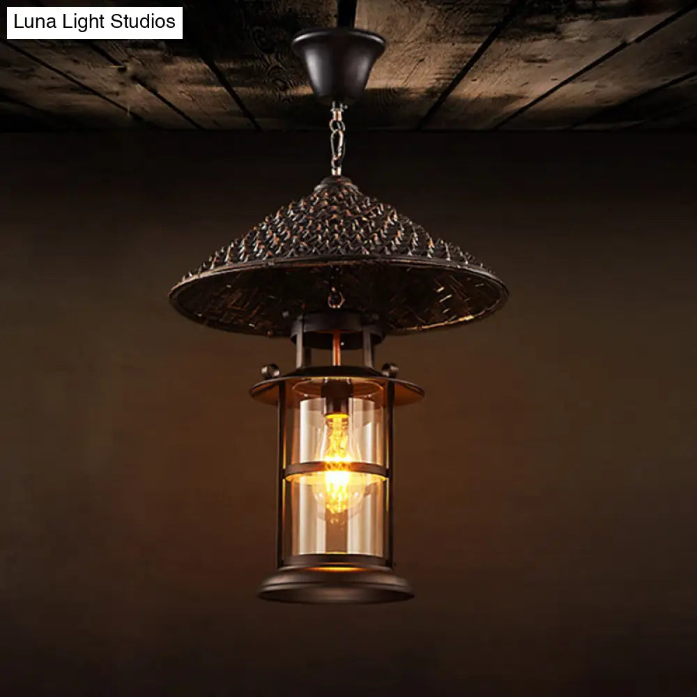 Rustic Black Hanging Pendant Light With Transparent Glass Cylinder And Pointy Hat Decoration Single