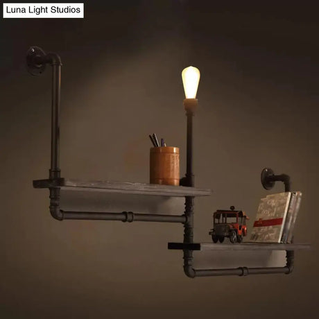 Rustic Black Iron Wall Mounted Pipe Shelf Light 1-Bulb Lighting For Dining Room