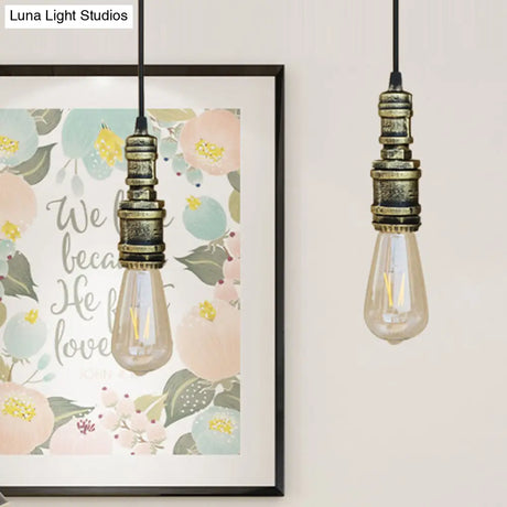 Rustic Black/Silver Wrought Iron Bare Bulb Hanging Light Fixture With Pipe - Bathroom Ceiling