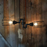 Rustic Black Wire Frame Wall Sconce Light With Pipe 2 Metal Lights - Perfect For Restaurants