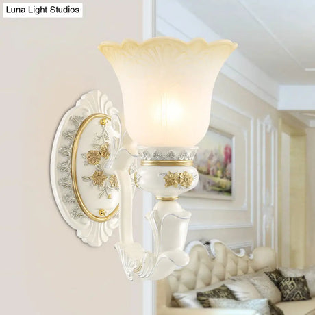 Rustic Blossom Wall Mount Light With Frosted Glass Sconce - Single Bulb Carved Design White