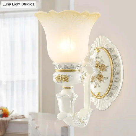 Rustic Blossom Wall Mount Light With Frosted Glass Sconce - Single Bulb Carved Design White