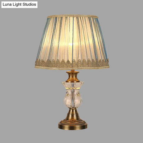 Rustic Blue Fabric Nightstand Light With Crystal Accent For Bedroom
