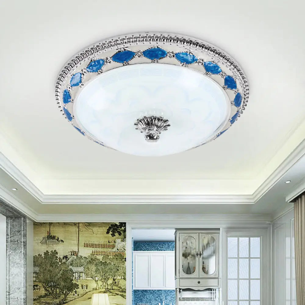 Rustic Blue Led Glass Dome Bedroom Flushmount Light Fixture With Crystal Accent 12’/16’/19.5’