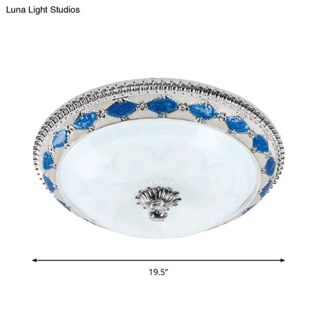 Rustic Blue Led Glass Dome Bedroom Flushmount Light Fixture With Crystal Accent 12’/16’/19.5’ Wide