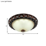 Rustic Bowl White Glass Flush Mount Lamp With Rose Pattern Trim - 2/3 - Bulb Light Fixture