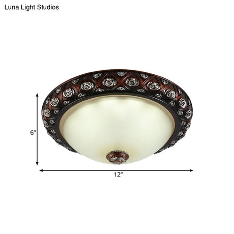 Rustic Bowl White Glass Flush Mount Lamp With Rose Pattern Trim - 2/3 - Bulb Light Fixture