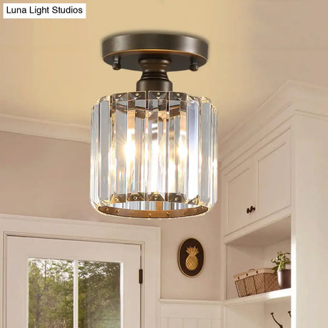 Rustic Brass Semi Flush Mount Ceiling Light With Crystal Shade