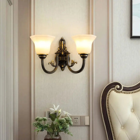 Rustic Brass Wall Lamp With Frost Glass Bell Shade - Ideal For Living Room Lighting 2 /
