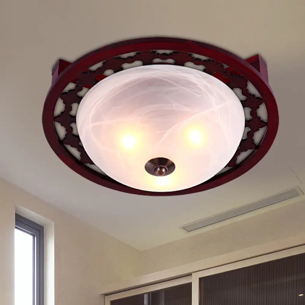 Rustic Brown Dome Flush Mount Lighting With Frosted Glass - 3-Light Wood Design –