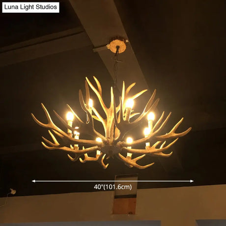 Rustic Brown Resin Antler Chandelier Ceiling Light With Candle Design - Authentic Look