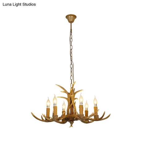 Rustic Brown Resin Chandelier With Deer Antler - 4/6/8 Heads Candle Pendant Light For Dining Room