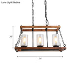 Rustic Brown Seeded Glass Island Light With 3-Bulb Cylinder Design And Wooden Trapezoid Guard For