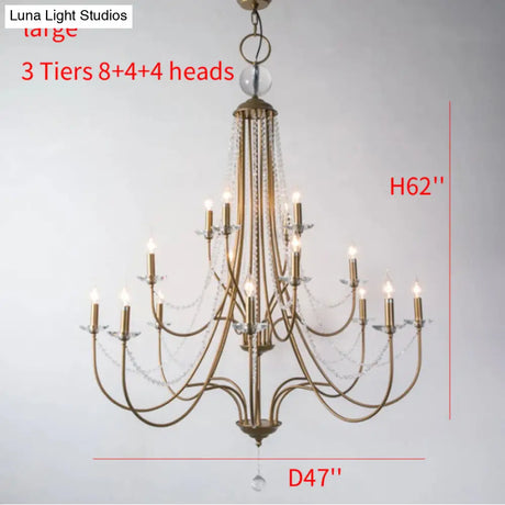 Rustic Candlestick Chandelier with Crystal Strand – Elegant Metallic Hanging Light Kit
