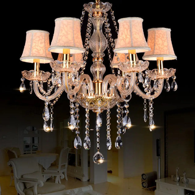 Rustic Clear Crystal Pendant Chandelier: 6/8/10 Heads Beige Hanging Ceiling Light With Fabric Shade