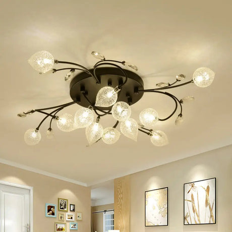Rustic Clear Glass Sputnik Semi Flush Light With Crystal Deco - Black/Gold Finish 12 / Black