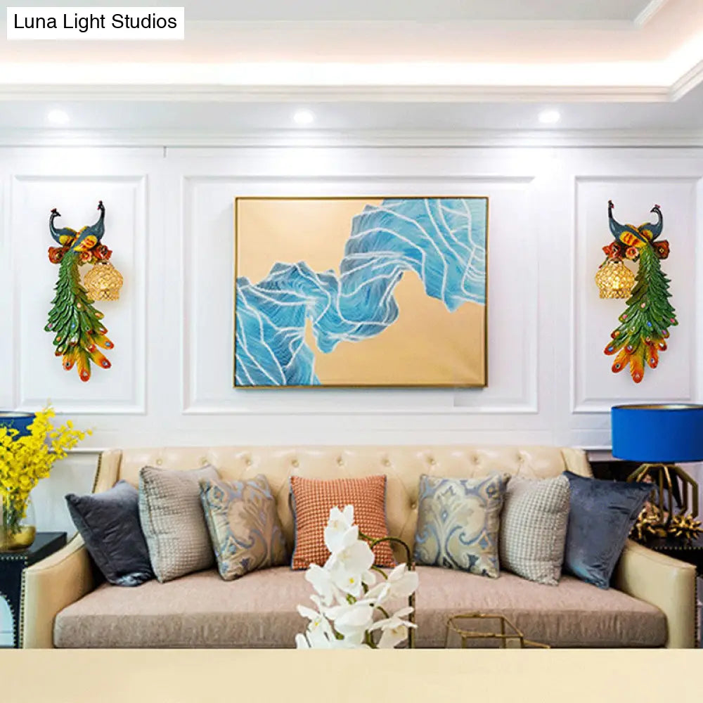 Rustic Crystal-Encrusted Lantern Wall Lamp: Multicolored Peacock Deco 1-Light Sconce For Living Room