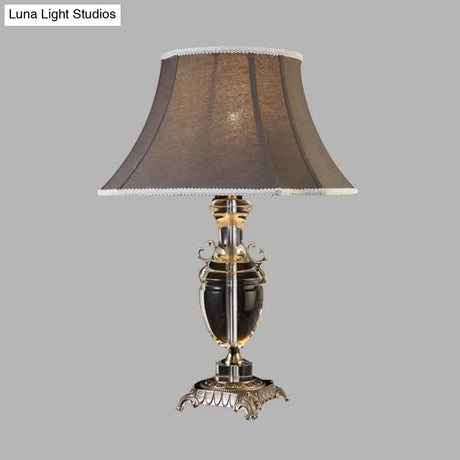 Rustic Dark Gray Fabric Tapered Table Lamp With Crystal Accent - Single Bulb Night Light For Bedroom