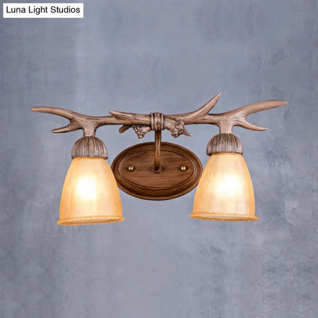 Rustic Deer Horn Amber Glass Wall Sconce Lamp - Lodge Style With 2 Lights