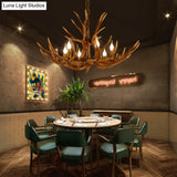 Rustic Deer Horn Chandelier With Adjustable Chain - 6-Light Original Wood Color Retro Candlestick