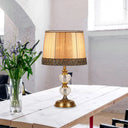 Rustic Drum Night Light Single Bulb Fabric Table Lamp In Beige For Bedroom With Crystal Accent