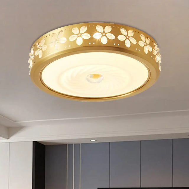 Rustic Drum Style Flush Light With Cream Glass & Led Ceiling Mounted Fixture Brass’ Brass