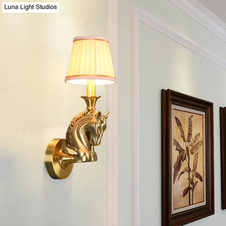 Rustic Fabric Conical Wall Light: Gold Hallway Sconce With Horse Head Arm