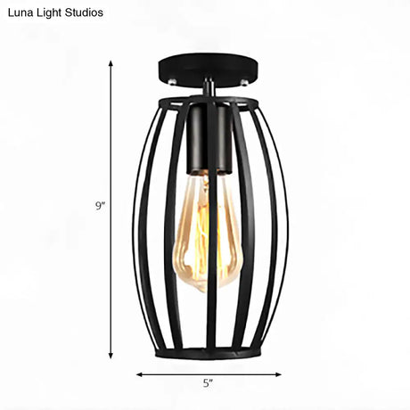 Rustic Farmhouse Semi Flush Mount Light: Barn/Oval Restaurant With Cage Shade & 1 Light Black