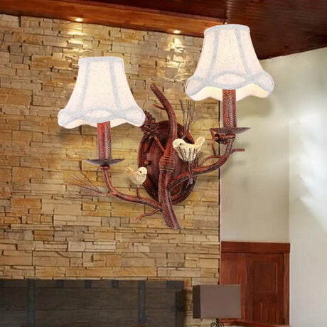 Rustic Flared Wall Light With Bird Decor For Restaurant - Vintage Fabric Fixture 2 / Rust