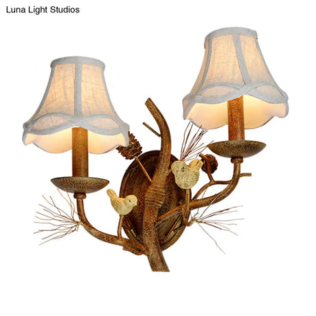Rustic Flared Wall Light With Bird Decor For Restaurant - Vintage Fabric Fixture