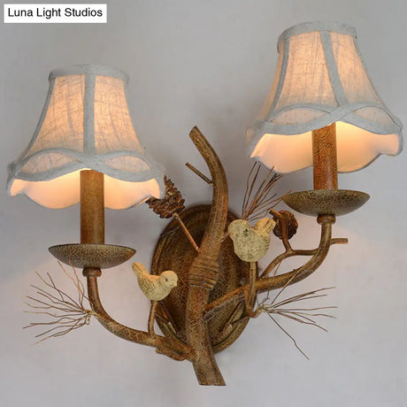 Rustic Flared Wall Light With Bird Decor For Restaurant - Vintage Fabric Fixture
