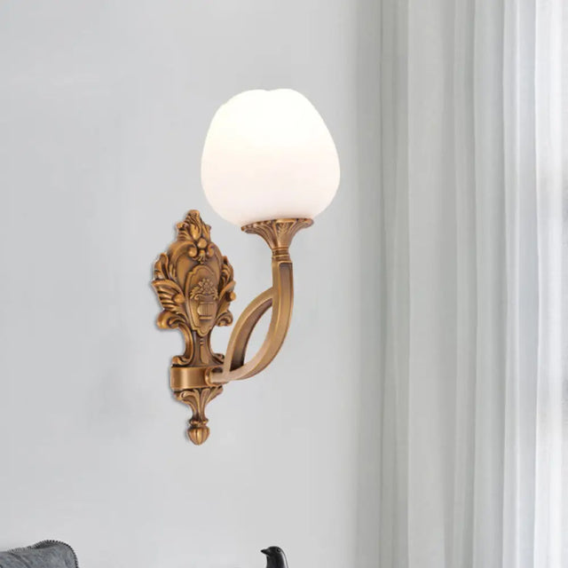 Rustic Flower Wall Mounted Lamp: 1-Light Cream Glass Sconce In Brass With Carved Backplate