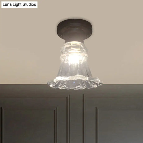 Rustic Fluted Glass Ceiling Lamp: Rural Style Blossom Flush Mount In Black