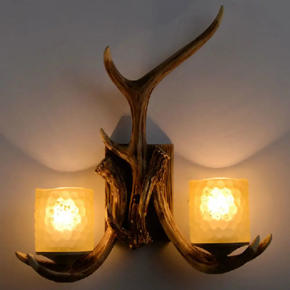Rustic Frost Glass Wall Lamp With Brown Cylinder 2 Bulbs - Decorative Antler Accent For Living Room