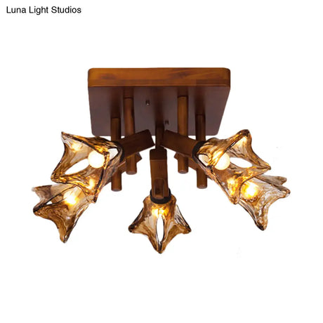 Rustic Glass Flower Semi Flush Light With Red Brown 3/5/8 Lights For Dining Room Ceiling