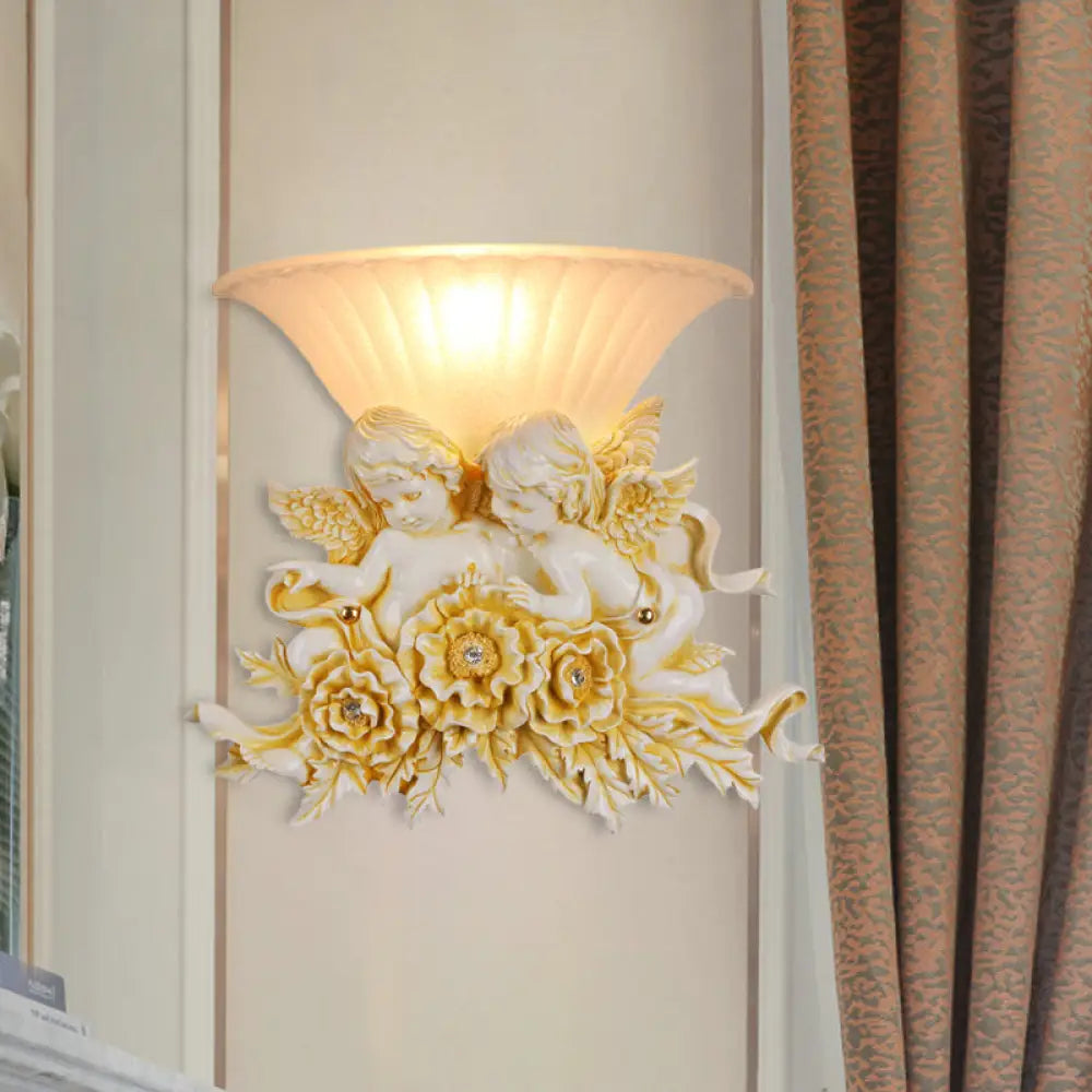 Rustic Gold/Beige Opal Fluted Glass Wall Light With Dual Angels Decor - Mounted Lamp Beige