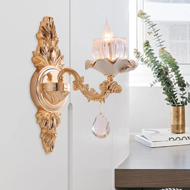 Rustic Gold Ruffle Wall Mount Sconce Light With Clear Ribbed Glass - Traditional Design 1 /