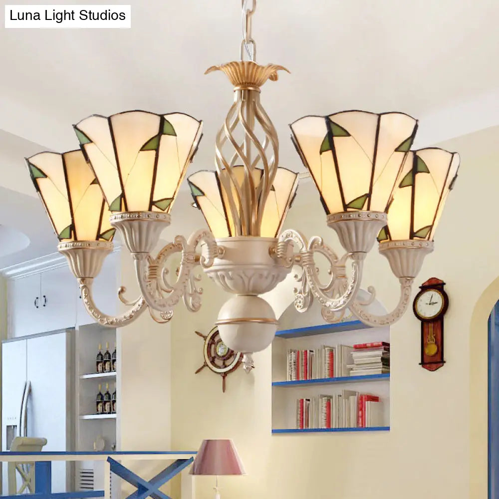Rustic Green Leaf Chandelier With Beige Glass - 5-Light Hanging Ceiling Fixture For Hall