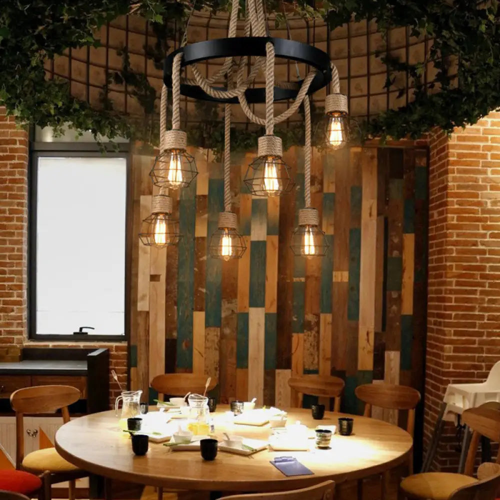 Rustic Hemp Rope Chandelier: Caged Sitting Room Pendant 6-Light Circular Suspension Brown