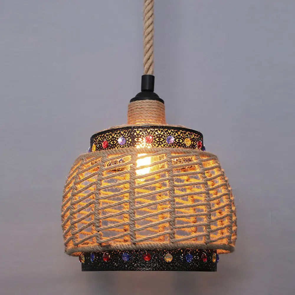 Rustic Hemp Rope Hanging Lamp Vintage Single-Bulb Pendant For Restaurants - Brown / M